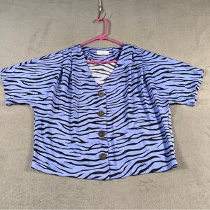 Elodie Women’s Blue & Black Button Down Cropped top, Zebra Print, short sleeve,M